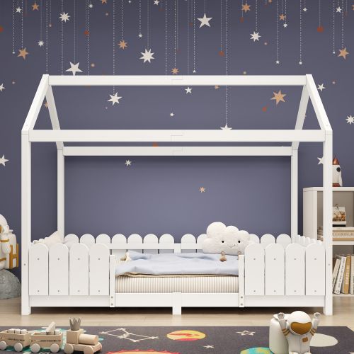 Lit Cabane 90x200 Cm, Lit Enfant Avec Sommier à Lattes, Protection Antichute Pour Lit, Blanc