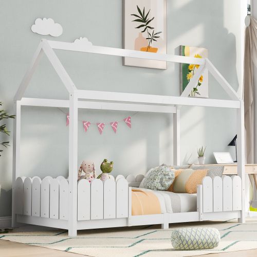 Lit Cabane 90x200 Cm, Lit Enfant Avec Sommier à Lattes, Protection Antichute Pour Lit, Blanc