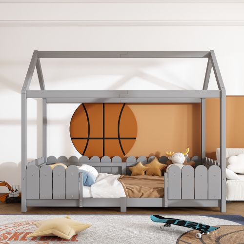 Lit Cabane 90x200 Cm, Lit Enfant Avec Sommier à Lattes, Protection Antichute Pour Lit, Gris