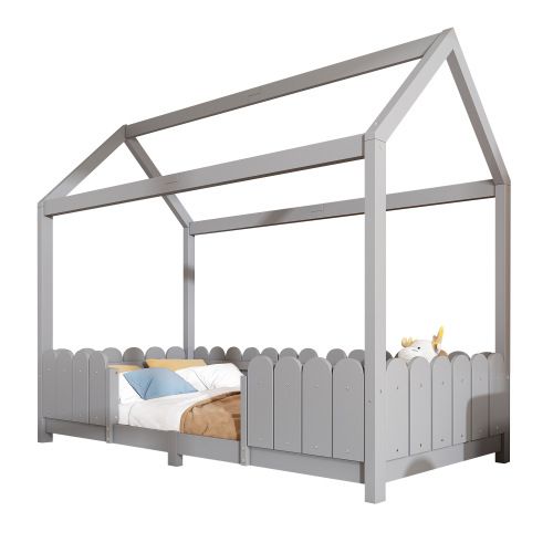 Lit Cabane 90x200 Cm, Lit Enfant Avec Sommier à Lattes, Protection Antichute Pour Lit, Gris