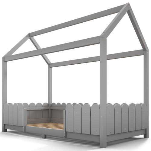 Lit Cabane 90x200 Cm, Lit Enfant Avec Sommier à Lattes, Protection Antichute Pour Lit, Gris