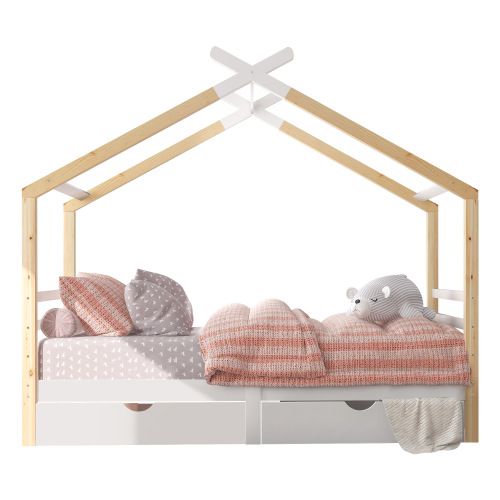 Lit Cabane 90x200 Cm, Lit Enfant Avec 2 Tiroirs Et Sommier à Lattes, En Pin, Couleur Blanc Et Bois