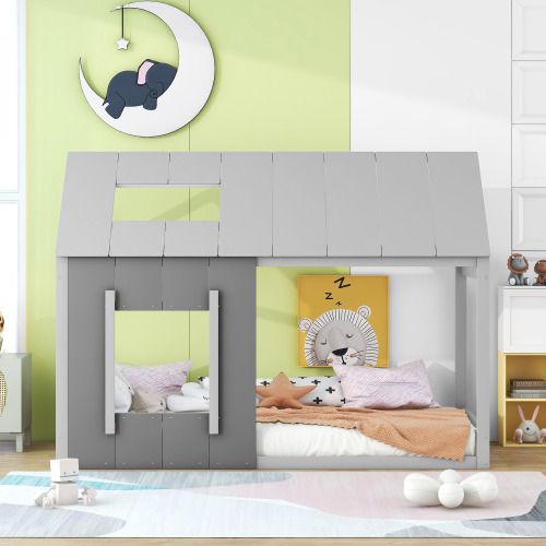 Lit Cabane Enfant 90x200 Cm Avec Toit Et Fenêtre, Gris Foncé Et Gris Clair
