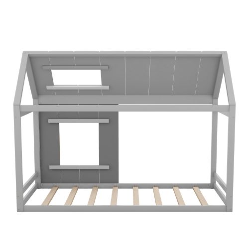 Lit Cabane Enfant 90x200 Cm Avec Toit Et Fenêtre, Gris Foncé Et Gris Clair