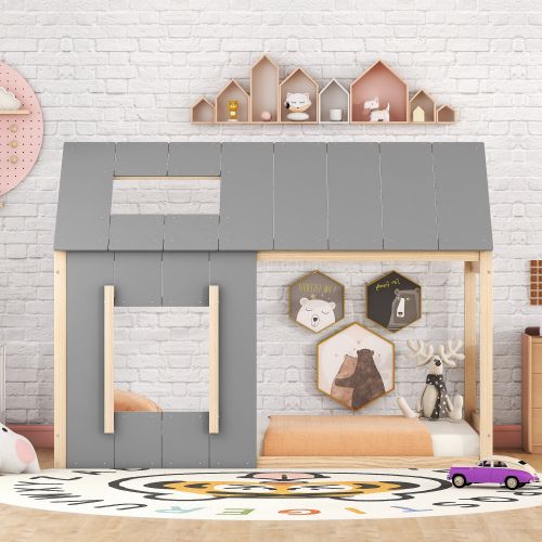 Lit Cabane Enfant 90x200 Cm Avec Toit Et Fenêtre, Couleur Bois Et Gris