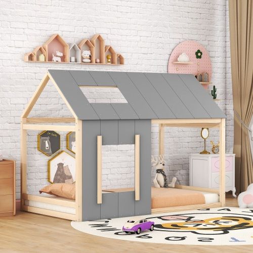 Lit Cabane Enfant 90x200 Cm Avec Toit Et Fenêtre, Couleur Bois Et Gris