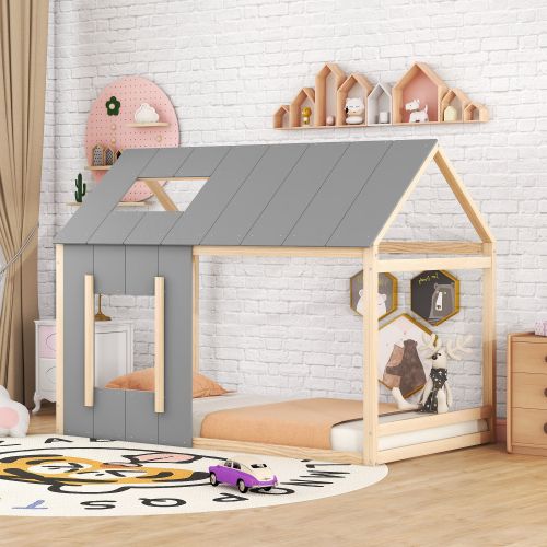 Lit Cabane Enfant 90x200 Cm Avec Toit Et Fenêtre, Couleur Bois Et Gris