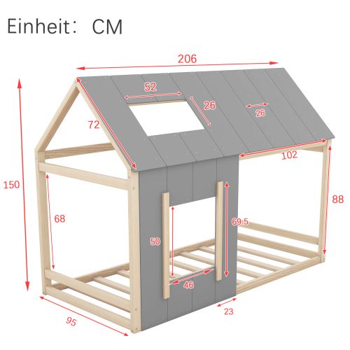 Lit Cabane Enfant 90x200 Cm Avec Toit Et Fenêtre, Couleur Bois Et Gris