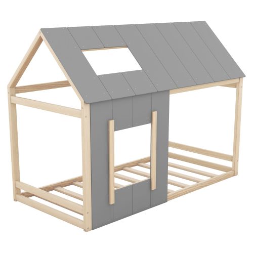 Lit Cabane Enfant 90x200 Cm Avec Toit Et Fenêtre, Couleur Bois Et Gris
