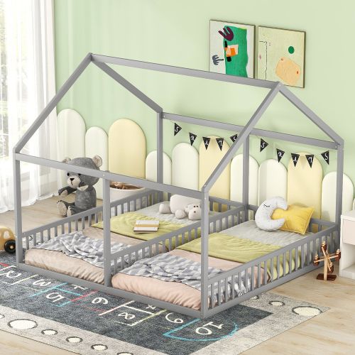 Lit Cabane 90x200, Lit Enfant Pour 2 Personnes, Lattes Inclus, Gris