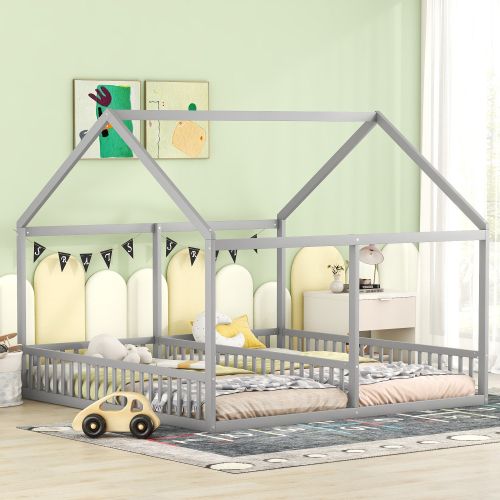 Lit Cabane 90x200, Lit Enfant Pour 2 Personnes, Lattes Inclus, Gris