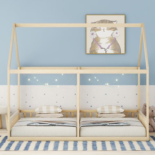 Lit Cabane 90x200, Lit Enfant Pour 2 Personnes, Lattes Inclus, Couleur Bois