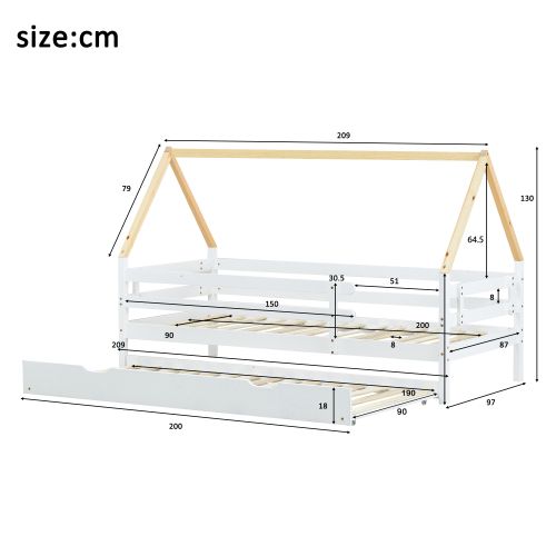 Lit Cabane 90x200 Cm, Lit Enfant, Lit Gigogne 90x190 Cm Avec Roulettes En Dessous, Blanc