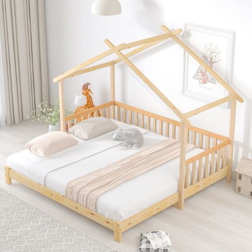 Lit Cabane 90x200 Cm, Lit Enfant Extensible Avec Sommier à Lattes, En Bois, Couleur Bois