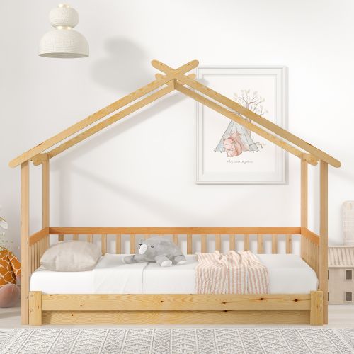 Lit Cabane 90x200 Cm, Lit Enfant Extensible Avec Sommier à Lattes, En Bois, Couleur Bois