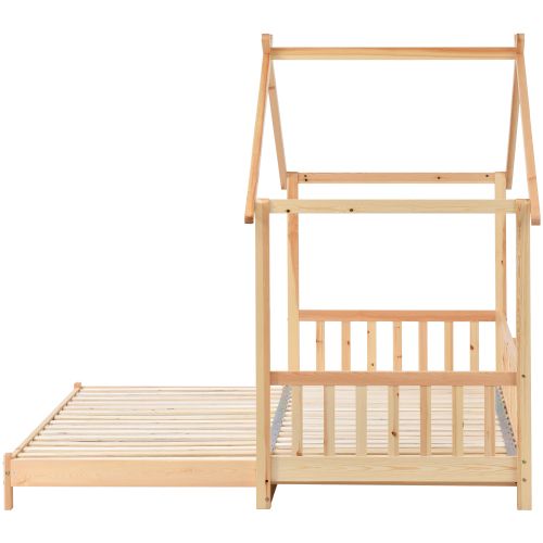 Lit Cabane 90x200 Cm, Lit Enfant Extensible Avec Sommier à Lattes, En Bois, Couleur Bois