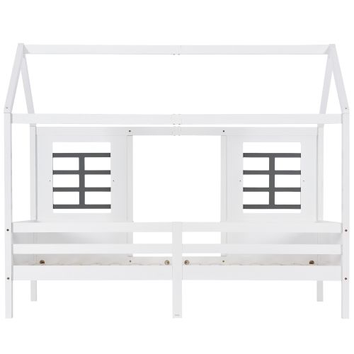 Lit Cabane 90x200 Cm, Lit Simple, Lit Enfant, Cadre De Lit Avec 2 Fenêtres, Blanc
