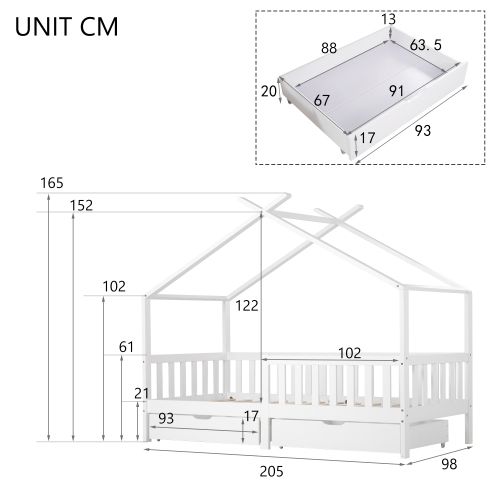 Lit Cabane 90x200 Cm, Lit Enfant Avec 2 Tiroirs Et Sommier à Lattes, Blanc
