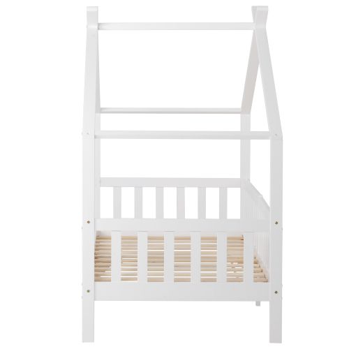 Lit Cabane 90x200 Cm, Lit Enfant Avec Clôture Et Sommier à Lattes, Blanc