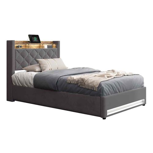 Lit Coffre 90x200cm Gris, Lit Avec Rangement En Tissu Velours Avec LED+usb