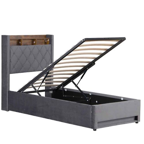 Lit Coffre 90x200cm Gris, Lit Avec Rangement En Tissu Velours Avec LED+usb