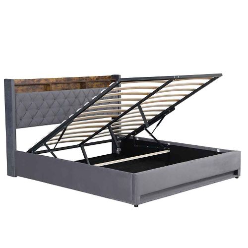 Lit Coffre 140x200cm Gris, Lit Adulte En Tissu Velours Avec LED+usb