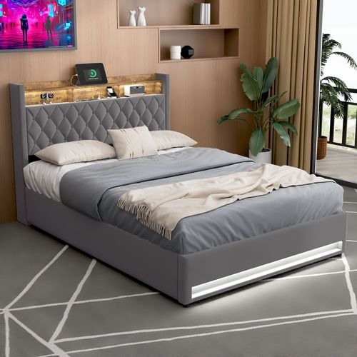 Lit Coffre 160x200cm Gris, Lit Adulte En Tissu Velours Avec LED+usb