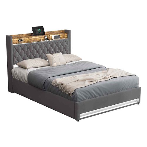 Lit Coffre 160x200cm Gris, Lit Adulte En Tissu Velours Avec LED+usb