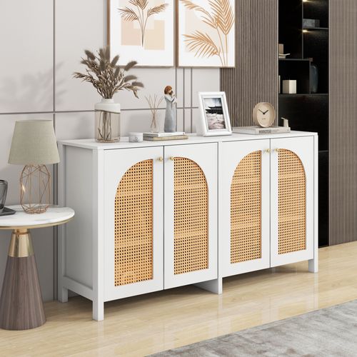 Buffet 4 Portes Blanc L.145cm Avec Poignées En Métal