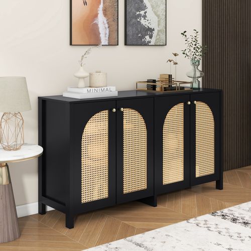 Buffet Moderne Et Minimaliste Avec 4 Portes En Rotin 145x80x40cm,noir