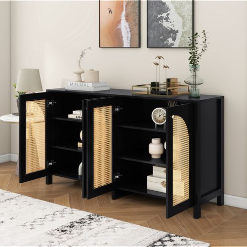 Buffet Moderne Et Minimaliste Avec 4 Portes En Rotin 145x80x40cm,noir