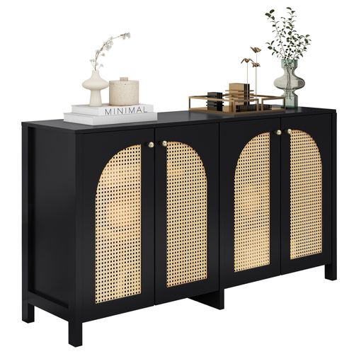 Buffet Moderne Et Minimaliste Avec 4 Portes En Rotin 145x80x40cm,noir