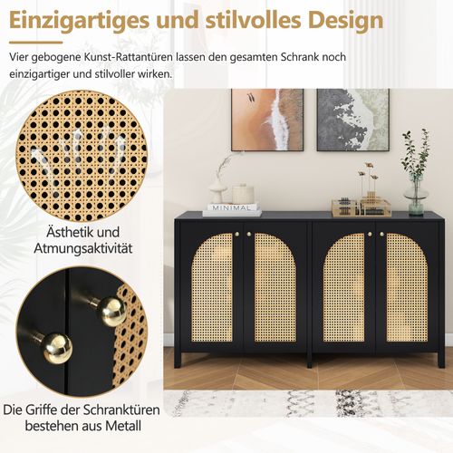 Buffet Moderne Et Minimaliste Avec 4 Portes En Rotin 145x80x40cm,noir