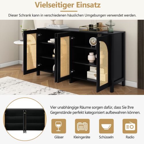 Buffet Moderne Et Minimaliste Avec 4 Portes En Rotin 145x80x40cm,noir