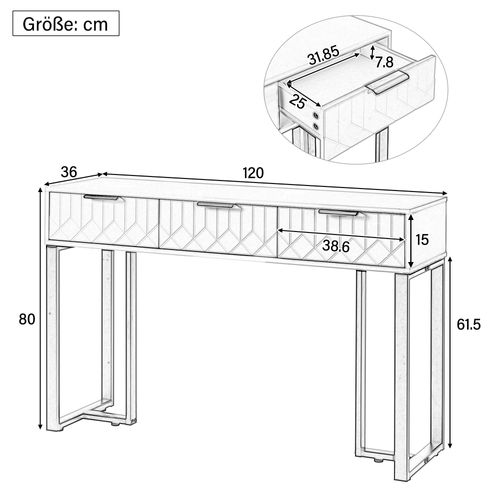 Table Console Avec 3 Tiroirs Blanc Et Doré, Pieds Réglables Et Poignées, 120x36x80cm