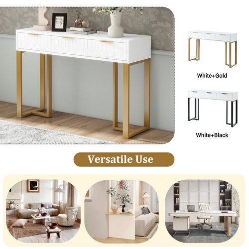 Table Console Avec 3 Tiroirs Blanc Et Doré, Pieds Réglables Et Poignées, 120x36x80cm