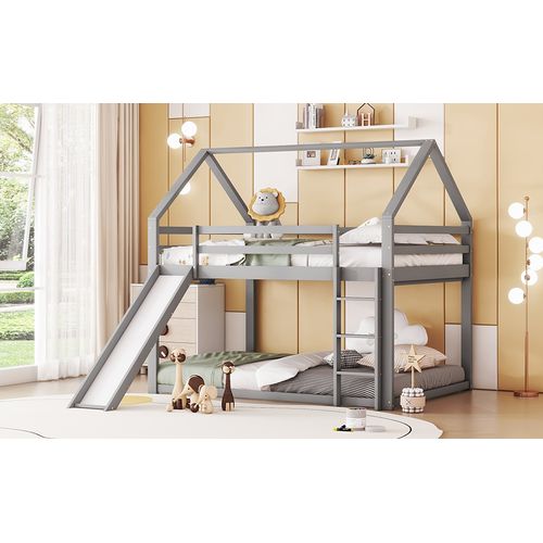 Lit Superposé Cabane 140x200cm 2 Places Avec Toboggan Et Échelle, En Pin, Gris