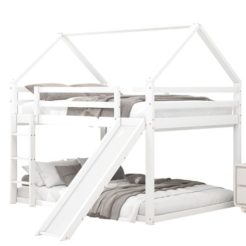 Lit Superposé Cabane 140x200 Cm Avec Toboggan Et Échelle, 1 Sommier, Bois, Blanc