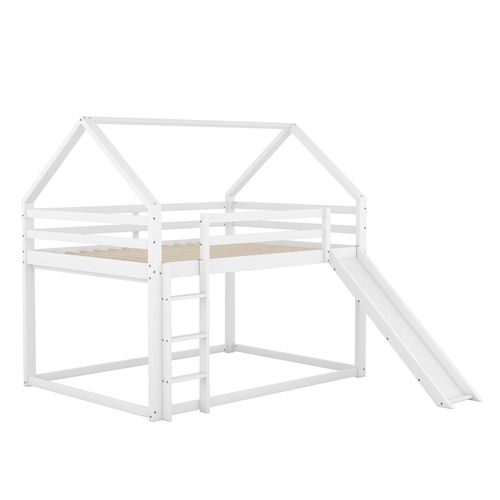 Lit Superposé Cabane 140x200 Cm Avec Toboggan Et Échelle, 1 Sommier, Bois, Blanc