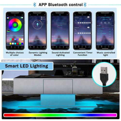 Table Basse Avec 2 Tiroirs, Lumière LED Contrôlable, Grande Table Basse, LED 100 Cm, Blanc