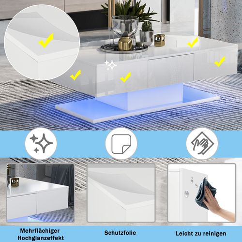 Table Basse Avec 2 Tiroirs, Lumière LED Contrôlable, Grande Table Basse, LED 100 Cm, Blanc