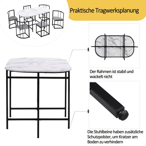 Ensemble Table Et Chaises Table Blanche, Chaises à Coussins Gris, Cadre En Fer Noir