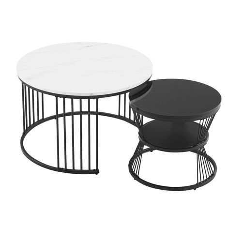 Table Basse Gigogne Moderne,ensemble De Tables Basses, Plateau Brillant,marbré,lot De 2, Cadre Noir