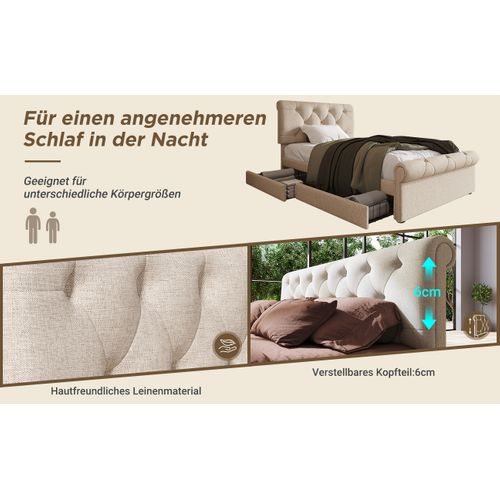 Lit Complet 90x200cm, Cadre De Lit Avec 2 Tiroirs De Rangement, Lin, Couleur Naturel