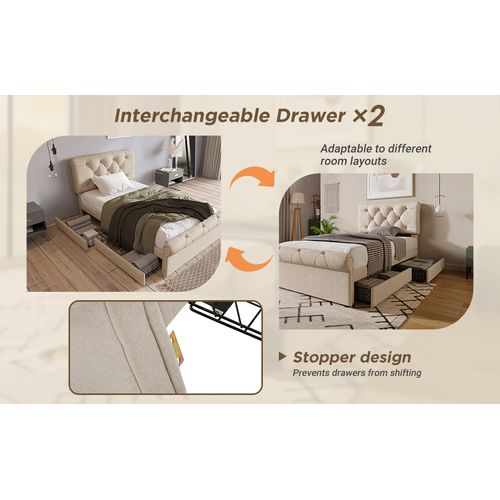 Lit Complet 90x200cm, Cadre De Lit Avec 2 Tiroirs De Rangement, Lin, Couleur Naturel