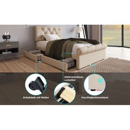 Lit Enfant 90x200 Cm Avec 2 Tiroirs De Rangement Et Tête De Lit Réglable En Hauteur, Lin, Natural