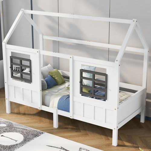 Lit Cabane, Lit Simple, Lit De Repos, Lit Enfant Avec 2 Fenêtres, Cadre En Pin, Mdf, Blanc 200x90cm