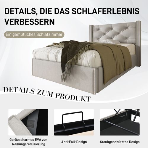 Lit Coffre Hydraulique Rembourré 90x200 Cm, Cadre De Lit Avec Rangement, Coton, Gris Clair