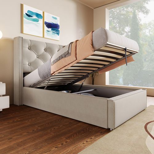 Lit Coffre Hydraulique Rembourré 90x200 Cm, Cadre De Lit Avec Rangement, Coton, Gris Clair