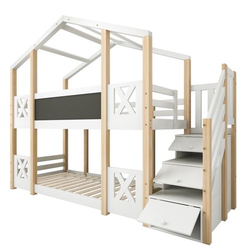Lit Superposé Cabane 90x200cm Avec Escalier De Rangement Et Sommiers, Bois, Naturel Et Blanc